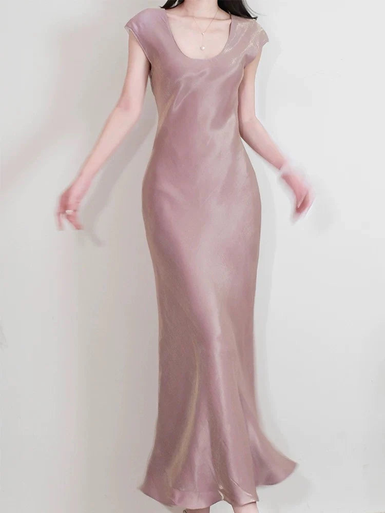 TingPo Wholesale Unique Pretty Sheath Scoop Neckline Pink Silk Chiffon Prom Dresses Ankle Length Evening Dress